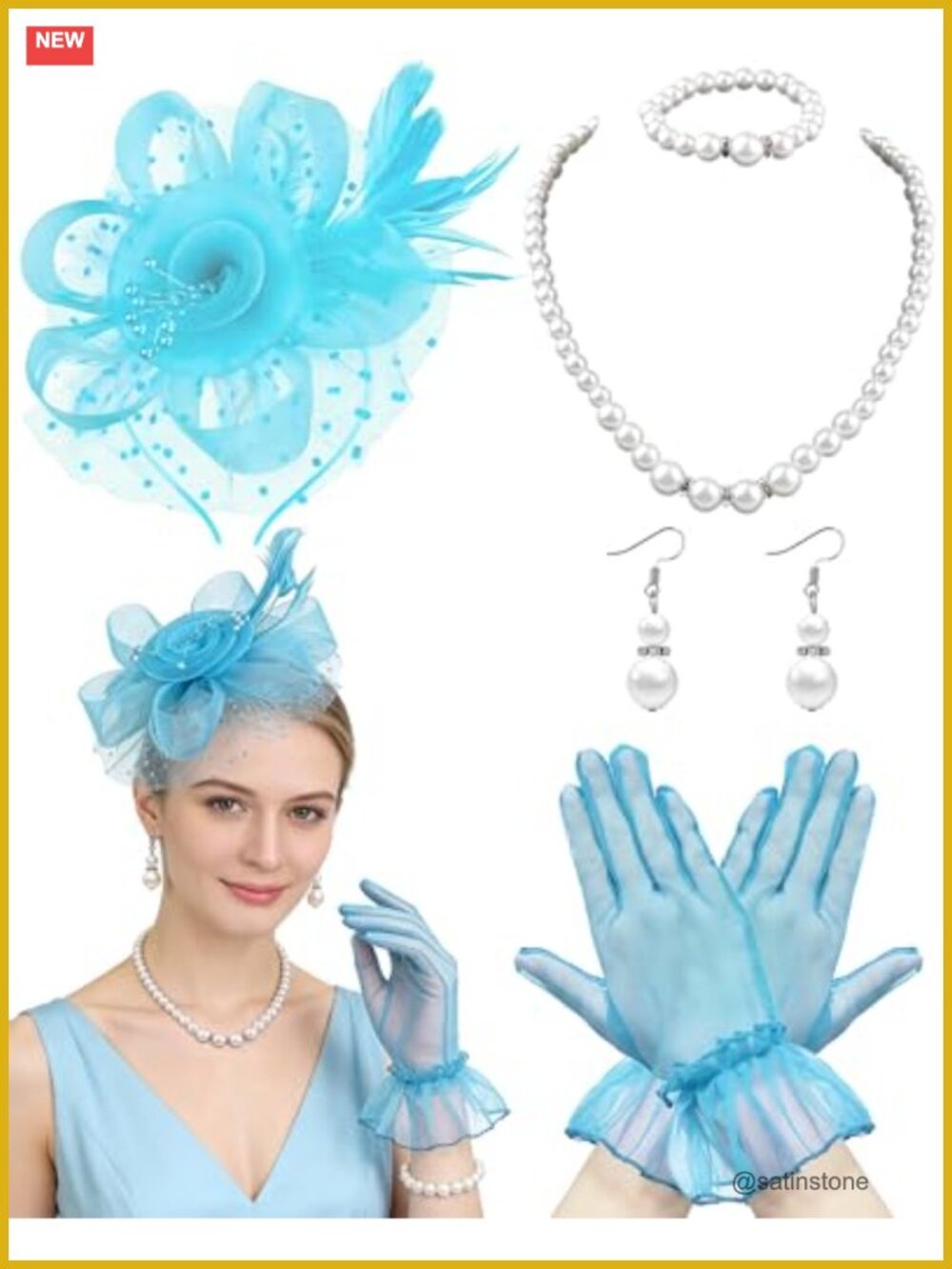 5Pc Fascinators Hat Set Mesh Lace Gloves Faux Pearl Earrings Beaded Chain Tea